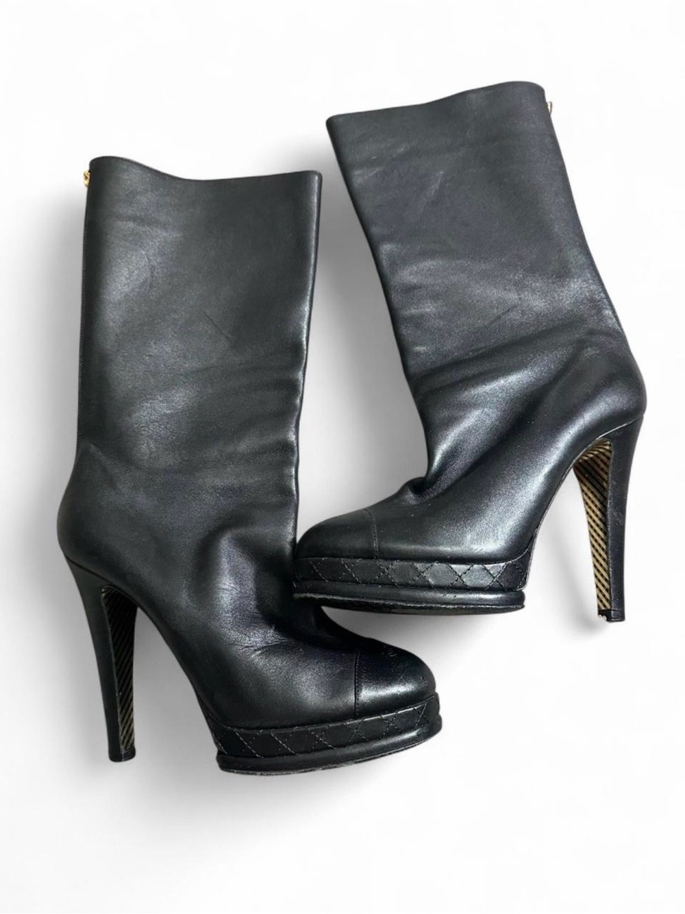 CHANEL Black Leather Platform Mid-Calf Heeled Boots